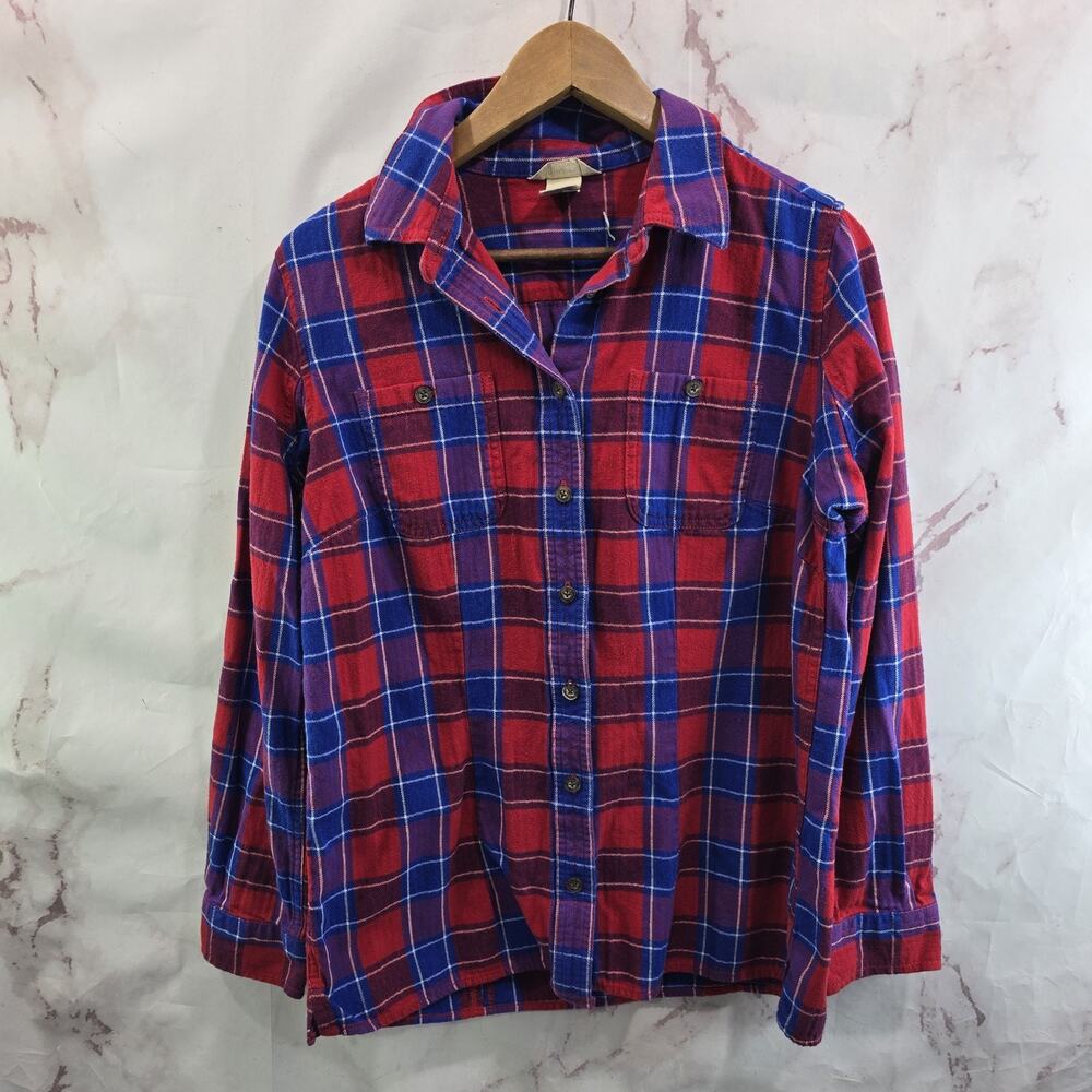 Duluth Shirt Womens Medium Red Blue Plaid Button Up Flannel Long Free Swingin